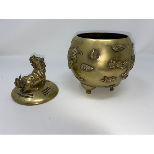 367C - A Chinese brass globular incense burner with dragons in relief Dog of Fo to lid and a seal mark to b... 