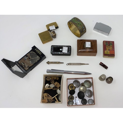 386A - A selection of collectables including 3 vintage cigarette lighters; a lacquer snuff box; railway but... 