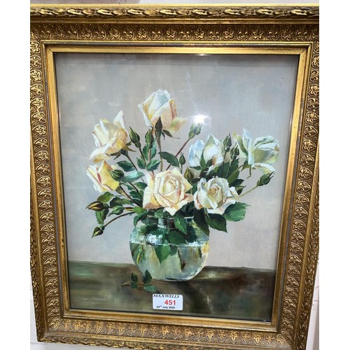 477A - Edith Charnley still life of roses, oil on board framed and glazed