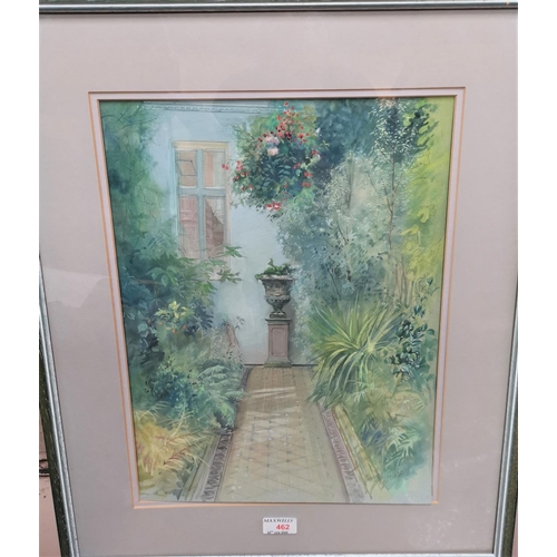 477 - S Mitchell:  The Orangery, Lyme Hall, watercolour, signed, framed and glazed; 2 wrought iron standar... 