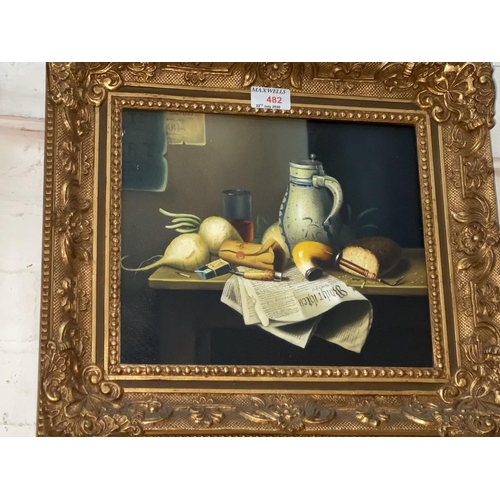 462A - 20th Century:  Still life pipe and jug, oil on canvas, unsigned, 24 x 29 cm, gilt framed; prints aft... 