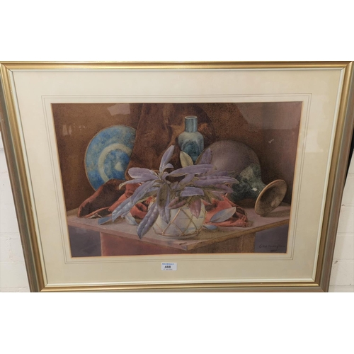 42 - Ethel Buckingham:  watercolour, still life with plant and ceramics, signed and dated 1885, 37 x 51 c... 
