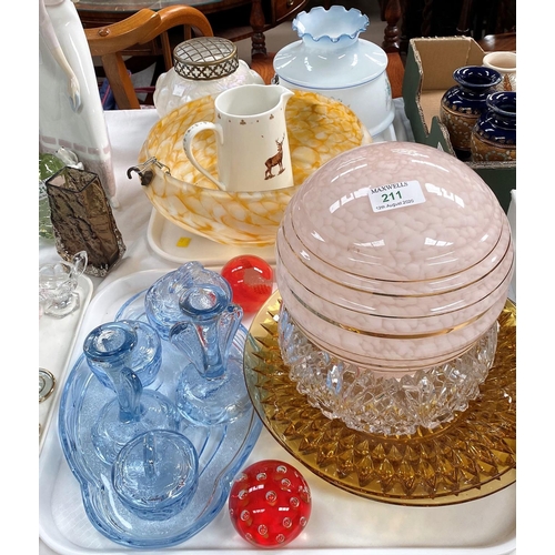 211 - A 1930's spatter glass light bowl and globe; an iridescent cream vase; an Art Deco blue trinket set;... 