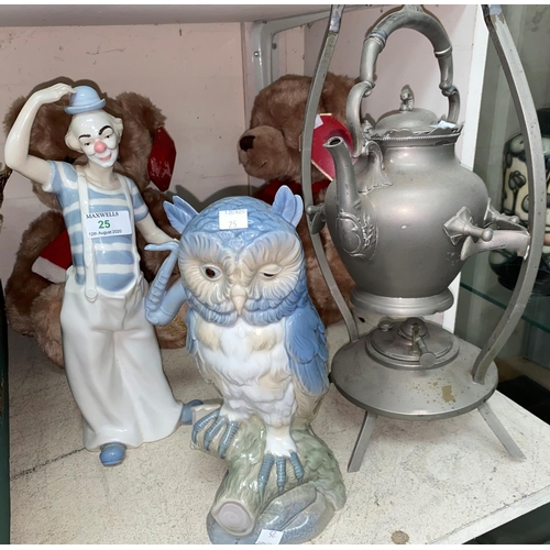 25 - A Lladro style clown and owl; a plated spirit kettle; 2 Harrod's teddy bears 2013