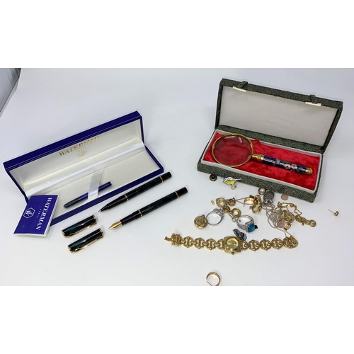 28 - A Waterman fountain pen and ballpoint pent set; boxed; a small quantity of costume jewellery; a magn... 