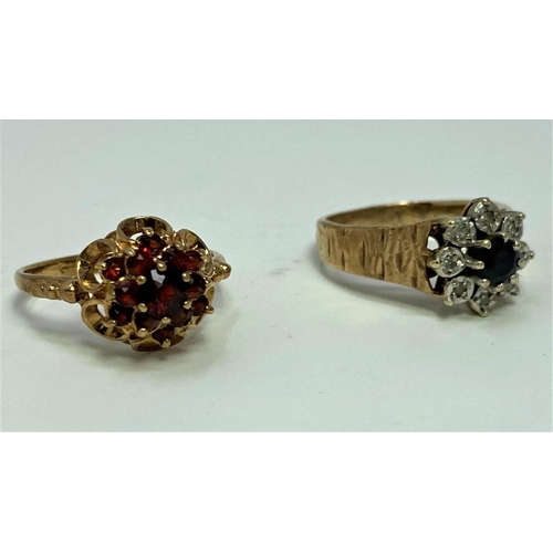 358 - A 9 carat hallmarked gold dress ring set garnet cluster; a 9 carat hallmarked gold dress ring set sa... 