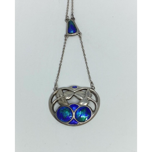 368A - An Art & Crafts silver and enamel pendant necklace on chain, the stylised drop pendant with blue / g... 