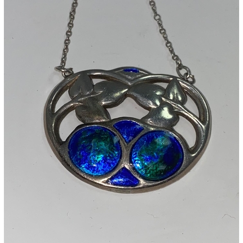 368A - An Art & Crafts silver and enamel pendant necklace on chain, the stylised drop pendant with blue / g... 