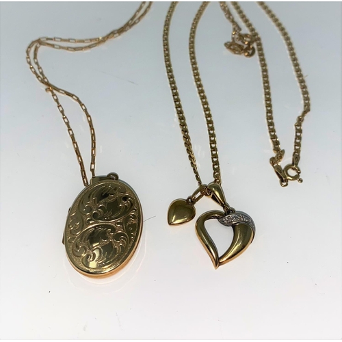 376 - An oval locket and chain, both stamped '375'; a heard pendant stamped '9ct'; a flattened chain stamp... 
