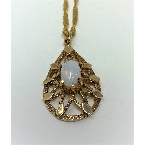 382 - A modern 9 carat pendant, teardrop shaped, set opal coloured stone, on chain