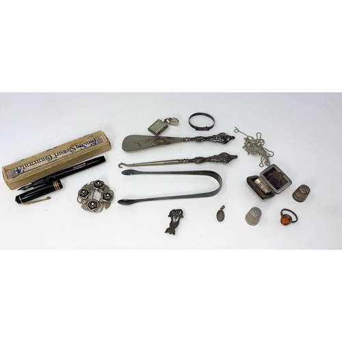 407 - A silver cased stamp fob, 3 silver thimbles and silver costume jewellery; a pair of Georgian silver ... 