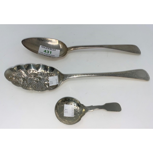 431 - A Georgian old English pattern hall marked silver table spoon London 1828 1.8oz (58gms), an embossed... 