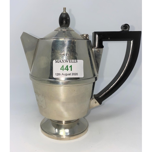 441 - An Art Deco hall marked silver barrel shaped coffee pot/hot water jug on raised foot Birmingham 1931... 