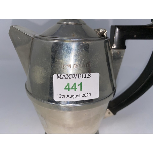 441 - An Art Deco hall marked silver barrel shaped coffee pot/hot water jug on raised foot Birmingham 1931... 