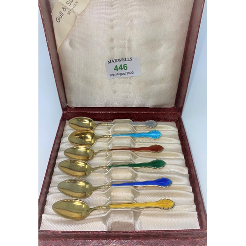 446 - A Boxed set of six Swedish individually coloured and enameled coffee spoons stamped 925s