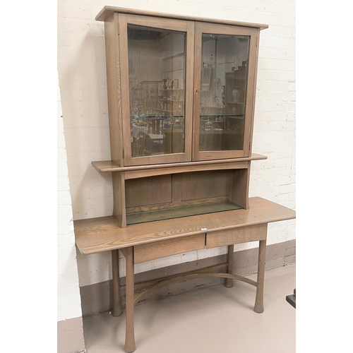 534 - A modern Ercol full height display cabinet, 'Silver Mist', with double glazed cupboards over double ... 