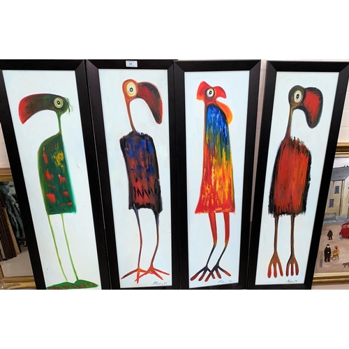 24 - A modern set of 4 oils depicting cartoon birds, signed, 100 x 24 cm, framed