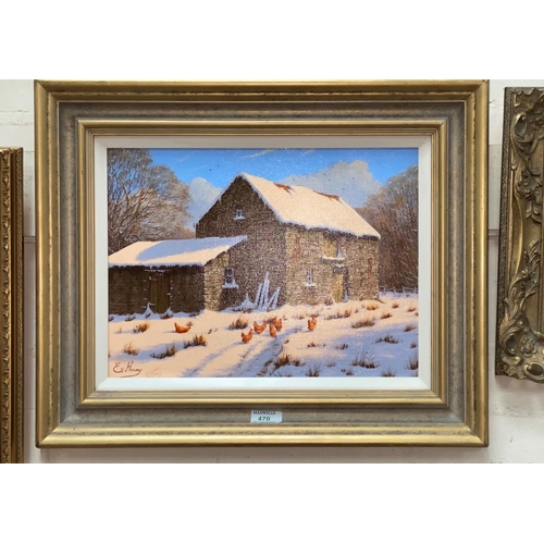 470 - Edward Hersey:  Winter scene with hens in the snow beside a stone barn, oil on canvas, signed, 28 x ... 
