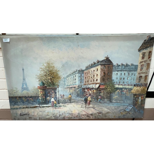 473 - Burnett:  Contemporary Parisian boulevard scene with Eiffel Tower in the background, 60 x 90 cm, unf... 