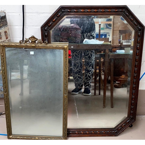 603 - A 1930's wall mirror in canted and beaded oak frame; 2 other mirrors