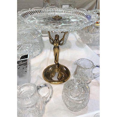 275 - An Art Nouveau style cake stand in brass and glass, height 30 cm; a small selection of cut glass ite... 