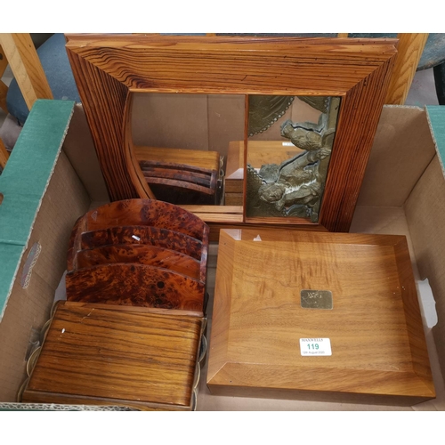 119 - A H Upman Humidor, a wooden letter rack, a pine mirror etc