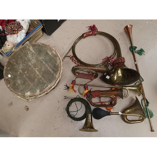 158 - A collection of various brass and copper instruments; etc.