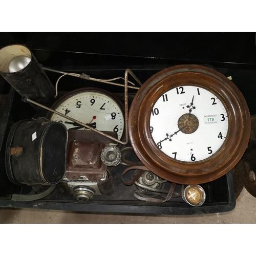 179 - A postman's alarm clock with pendulum and weights; a Smiths electric wall clock etc