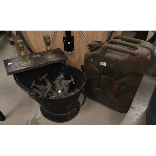 185 - A large vintage Jerry can' a coal bucket with brass, bronze and gun metal taps and fittings