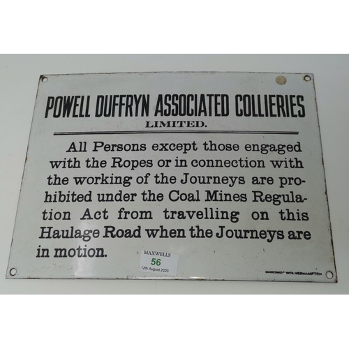 56 - An enamel advertising sign:  Powell Duffryn Associated Collieries Coal Mining, 24 x 33 cm