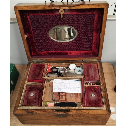 69 - A 19th century walnut sewing box with fitted interior; a pewter jug; a reproduction warming pan