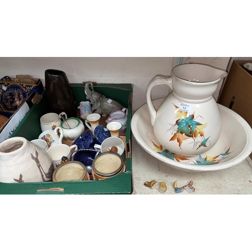 13 - A Victorian jug and bowl set; 2 character mugs; commemorative mugs; decorative pottery
