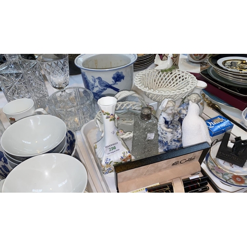 296 - A collection of modern oriental blue & white rice bowls, a Waterford Crystal bottle stand, decanters... 