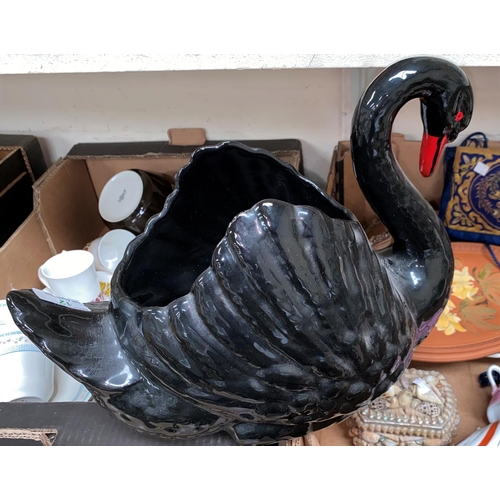 12 - A large black swan vase; studio and other plaques; decorative pottery; bric-a-brac