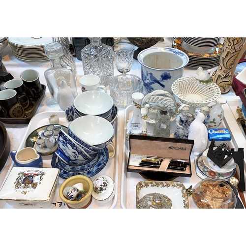 296 - A collection of modern oriental blue & white rice bowls, a Waterford Crystal bottle stand, decanters... 