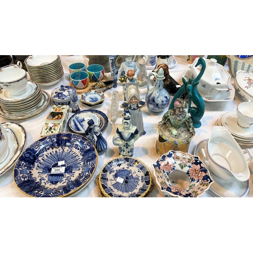 290 - An 18th century style Delft ware plate (a.f.) and similar smaller dishes; 2 Lladro style figures; De... 