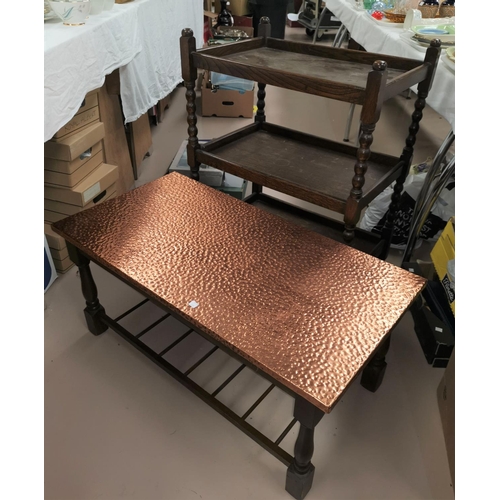 525 - A 1930's oak 3 height tea trolley; a coffee table with copper top