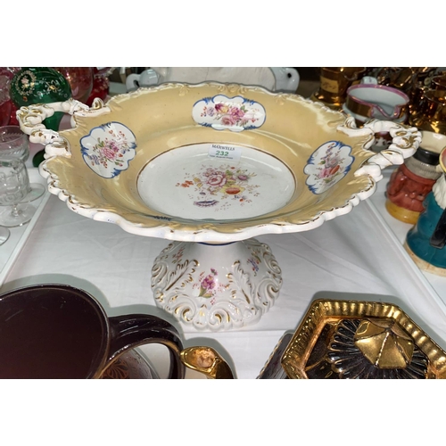 232 - A Victorian large comport with polychrome floral panels; a trefoil dish; a collection of Victorian j... 