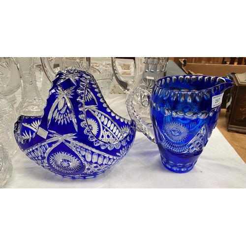 267 - A Victorian style Bristol blue glass jug, height 21 cm; a matching basket