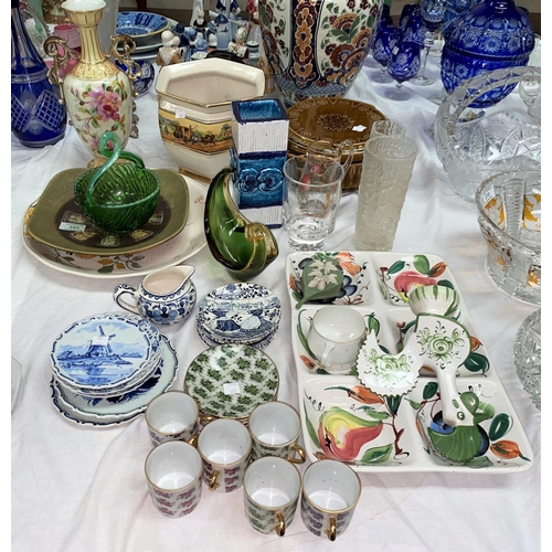 285 - A selection of decorative pottery and glassware including 1930's jardiniere, hors d'oeuvres tray, De... 