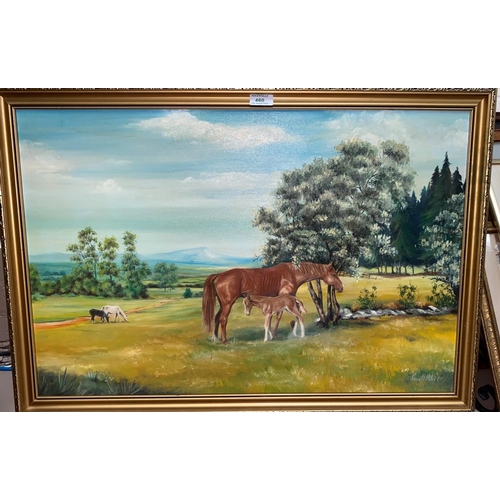 460 - Kenneth Miles:  Rural landscape with horses, oil on board, 50 x 75 cm, framed