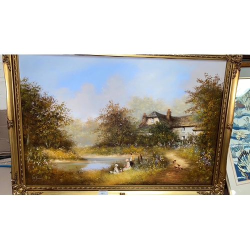 461 - Les Parsons:  River landscape with children fishing, cottage in background, oil on canvas, signed, 5... 