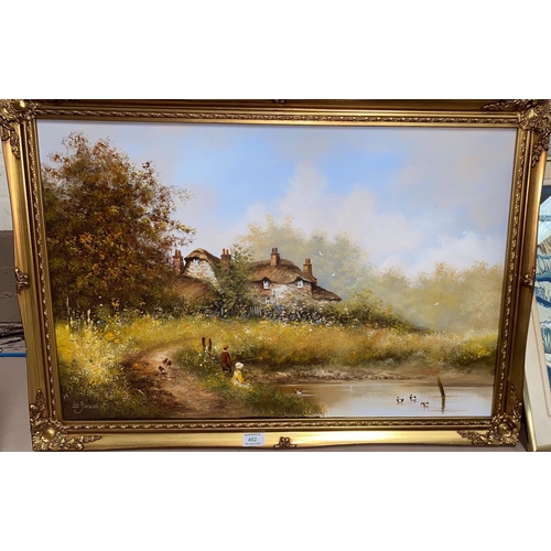 462 - Les Parsons:  River landscape with children fishing, cottage in background, oil on canvas, signed, 5... 