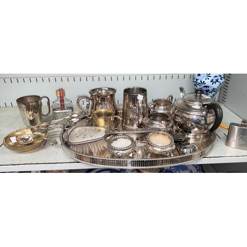 351 - A silver plated oval gallery tray; a silver plated 3 piece tea set with Celtic border; other silver ... 