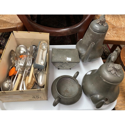 360 - A selection of silver plated cutlery; a pewter meat dome; other pewter; etc.
