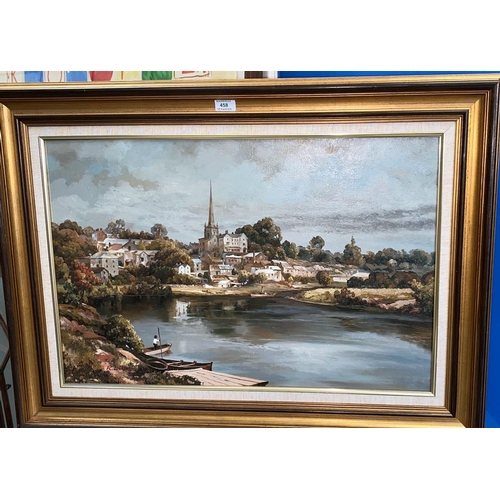 458 - R Latham:  River landscape, village and church in background, oil on canvas, signed, 50 x 75 cm, fra... 