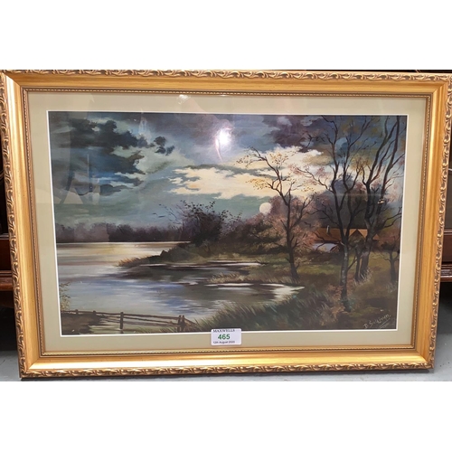 465 - B Sullivan:  Moonlit river landscape, oil on board, signed, 27 x 42 cm, framed and glazed; T E Taylo... 