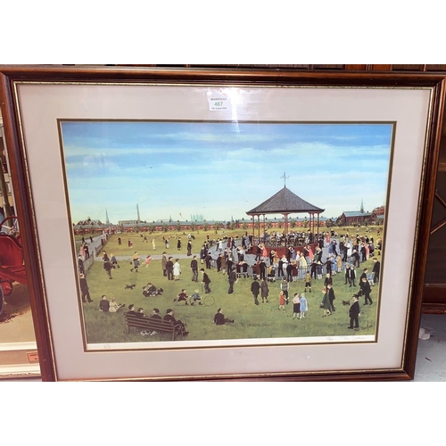 467 - Tom Dodson:  figures in a park around a bandstand, artist signed limited edition print, 107/850, 43 ... 