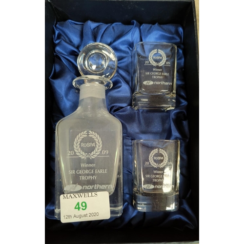 49 - A Northern Rail small presentation decanter in box with 2 liqueur cups ROSPA 2009 winner