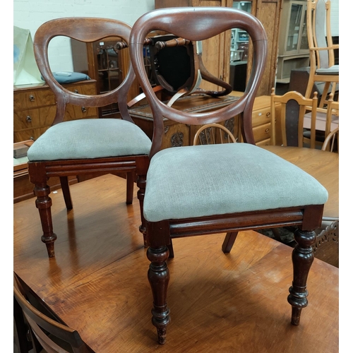 589 - A Victorian set of 6 balloon back dining chairs on turned legs, in smoky blue; a pair of similar spo... 